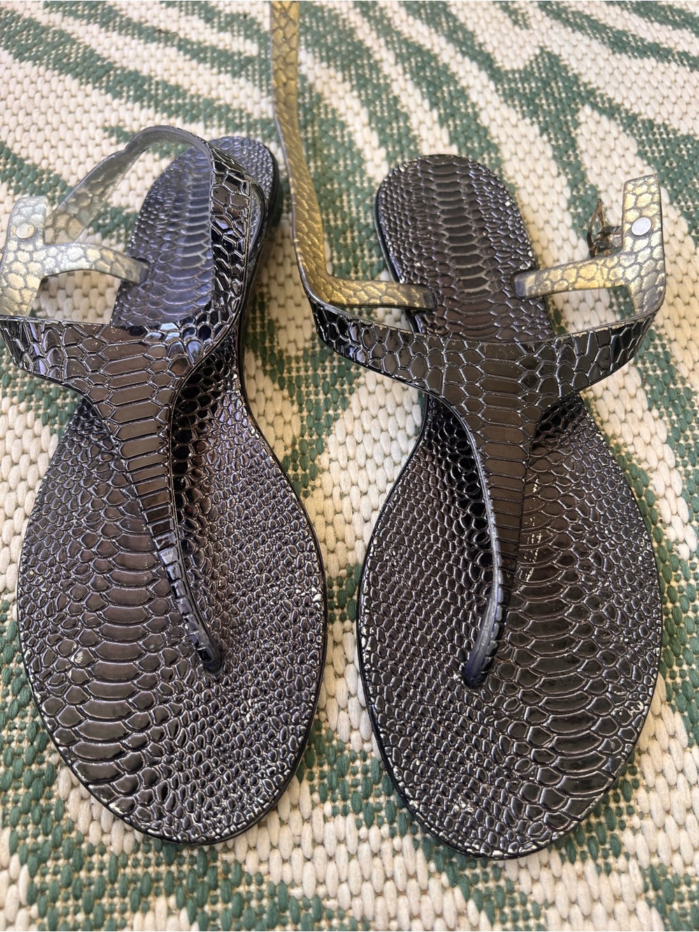 Women’s Black Snake-Embossed Thong Sandals with Gold Accent